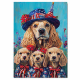 Mother Cocker Spaniel and Three Puppies in Patriotic Blue Coats and Top Hats on Ready to Hang 1.5" Thick Canvas Wrap, Floating Framed Canvas, Flat Rolled Canvas